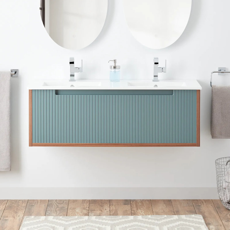 Sage Green Warm Oak 48" Wall-Mounted Double Vanity with Ceramic Sink