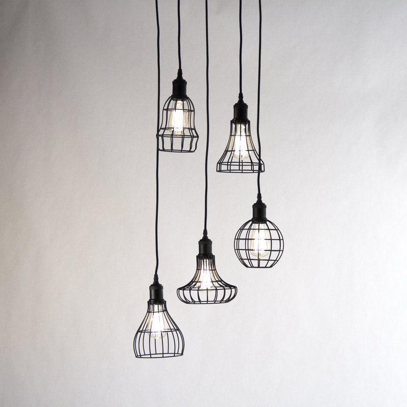 Giovanni 5-Light Geometric Cluster Pendant in Black with Crystal Accents