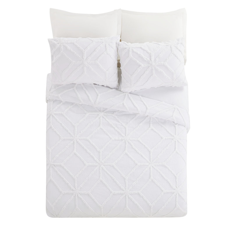 King White Cotton Tufted Trellis 3-Piece Bedspread Set