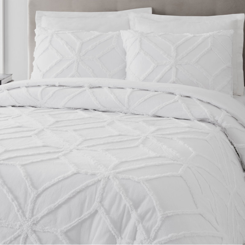 King White Cotton Tufted Trellis 3-Piece Bedspread Set