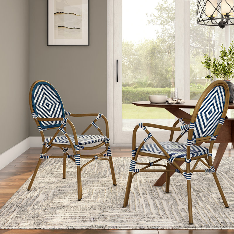 Boho Chic Blue and White Woven Bistro Chairs, Set of 2