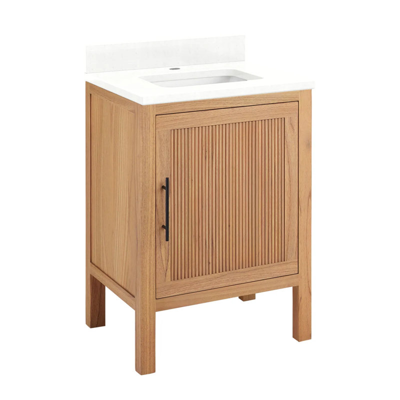 24" Feathered White Quartz and Mindi Wood Single Bathroom Vanity