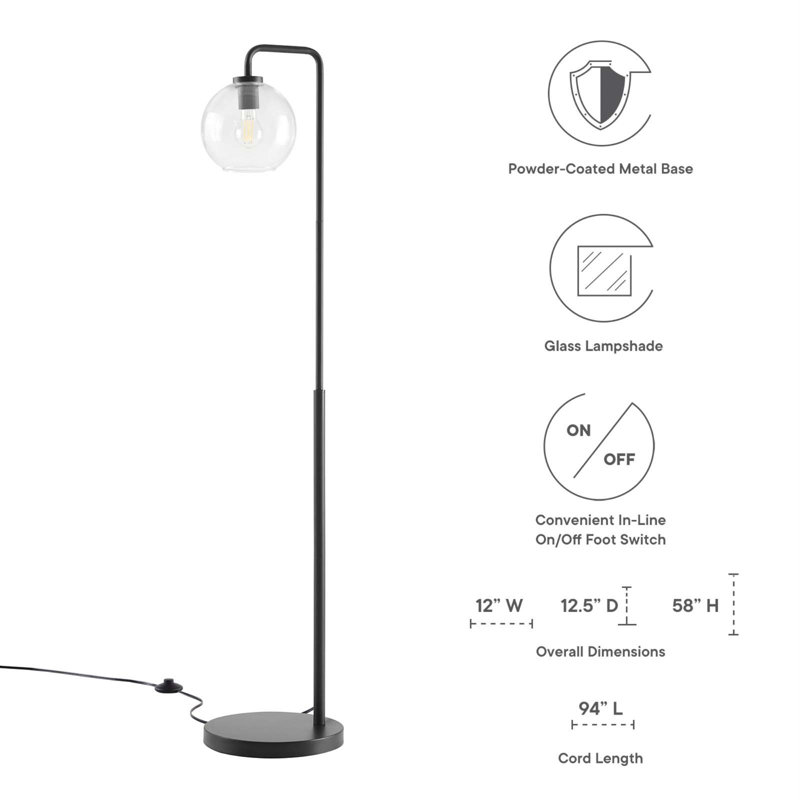 Black Arc Floor Lamp with Glass Globe Shade