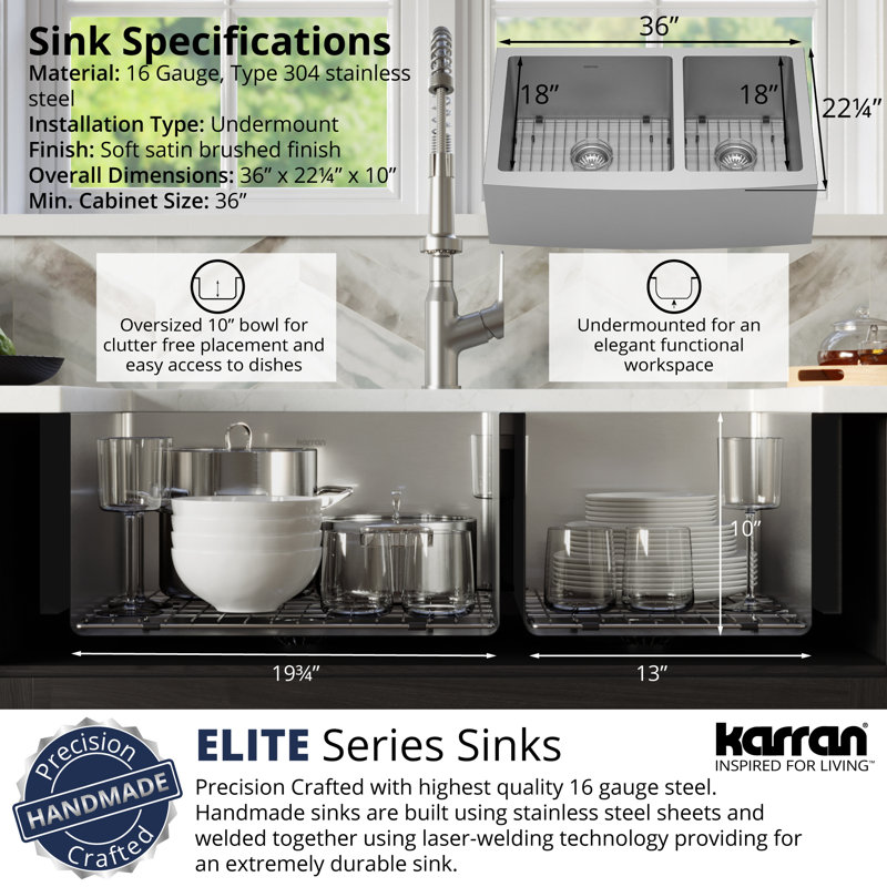 36'' Stainless Steel Double Bowl Farmhouse Apron Sink