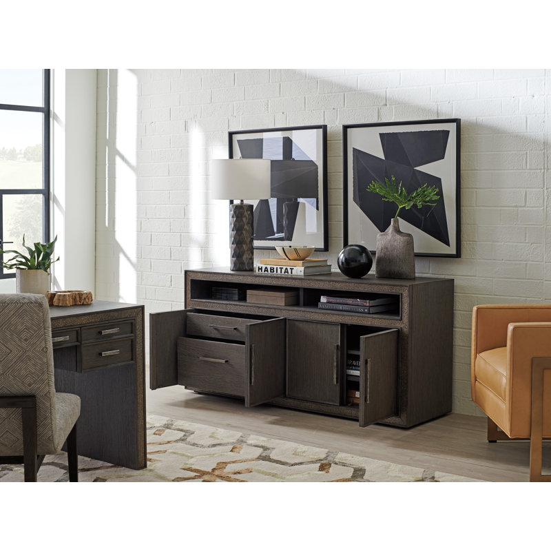 Hampton 65.5" Sandblasted Brown Oak Media Console with Nickel Accents