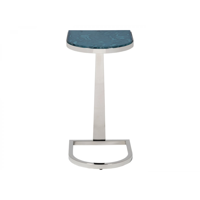 Aquamarine Art Glass & Polished Stainless Steel D-Shape Occasional Table