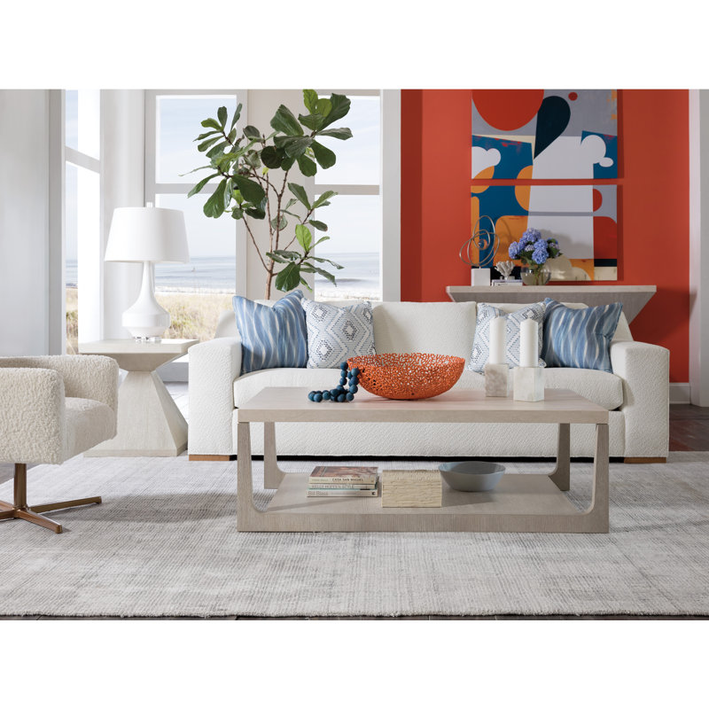 Mid-Century Modern Cream Marble and Oak Rectangular Coffee Table