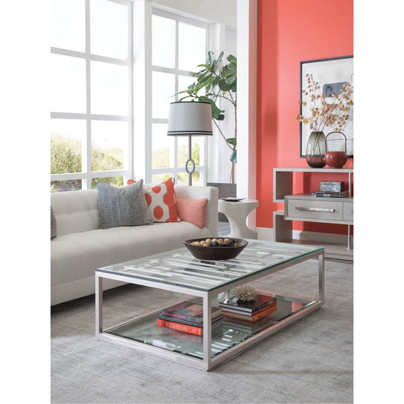 54'' Rectangular White Oak and Metal Grate Cocktail Table with Glass Shelf