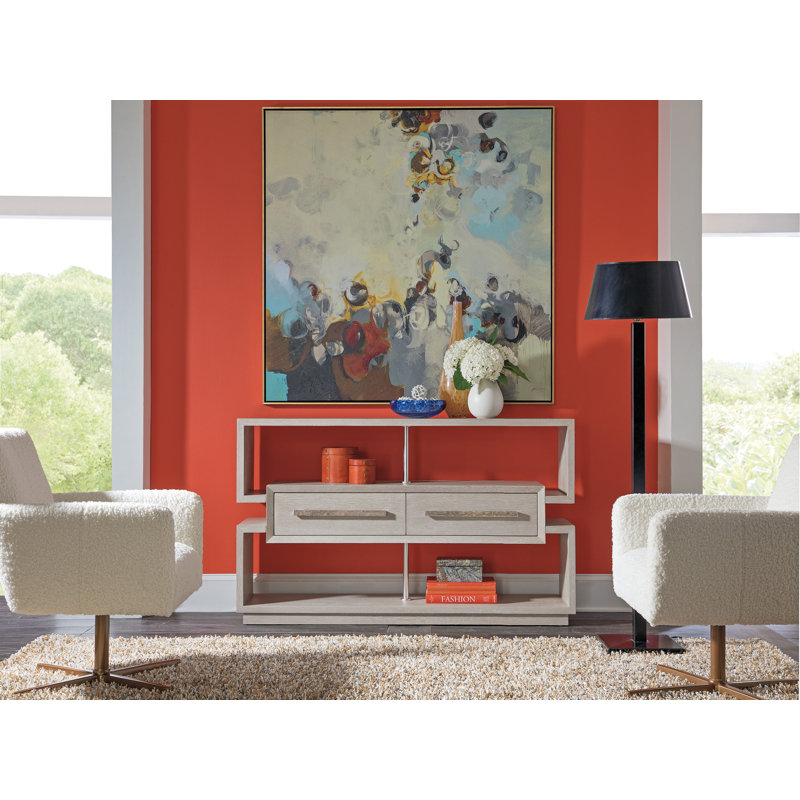 Beige Mid-Century Modern Wood and Marble Console with Storage