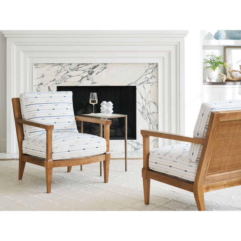 Handcrafted Brown Wood Armchair with White Upholstery