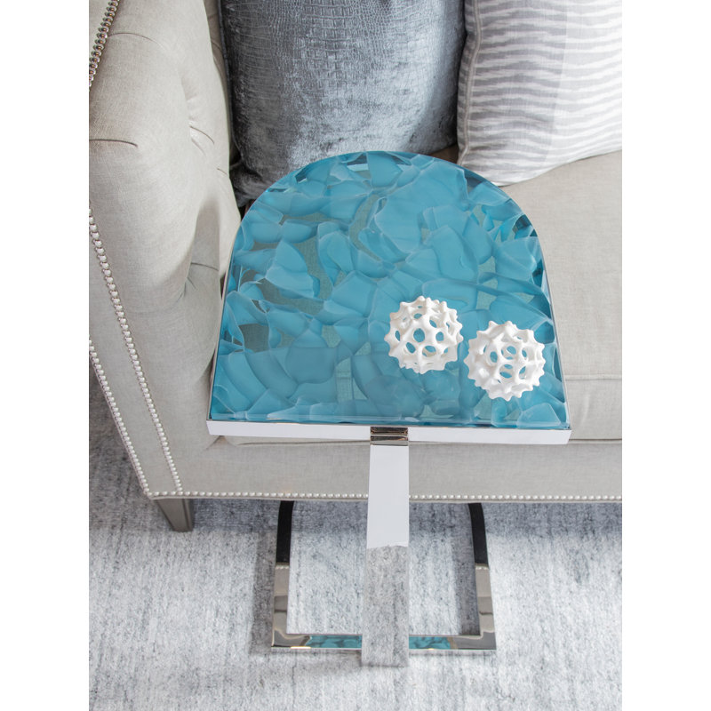 Aquamarine Art Glass & Polished Stainless Steel D-Shape Occasional Table