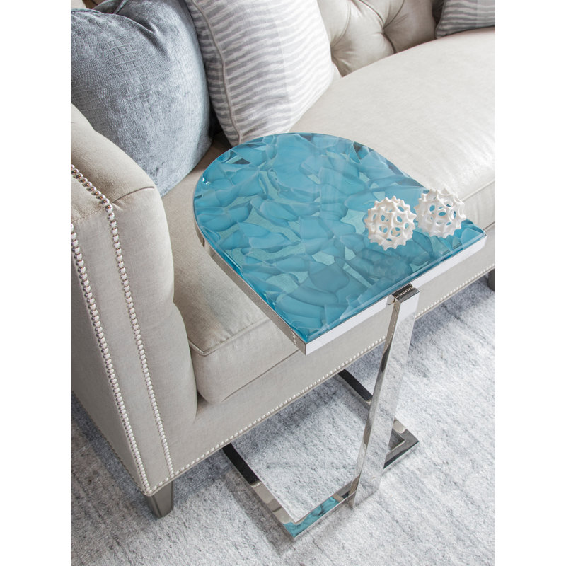 Aquamarine Art Glass & Polished Stainless Steel D-Shape Occasional Table