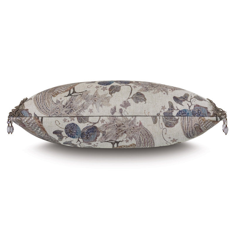 Elegant Beige and Blue Linen Decorative Pillow with Bird Print