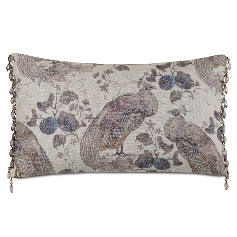 Elegant Beige and Blue Linen Decorative Pillow with Bird Print