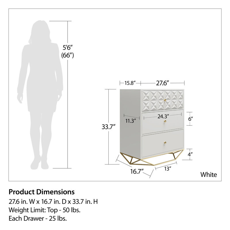 Blair Creamy White and Gold 3-Drawer Dresser with Geometric Accents