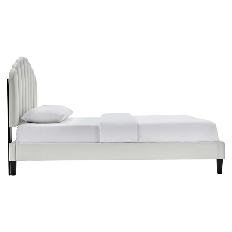 Elegant Light Gray Velvet Full Platform Bed with Channel Tufting