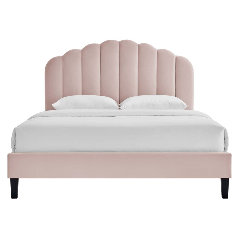 Pink Velvet Queen Platform Bed with Tufted Headboard
