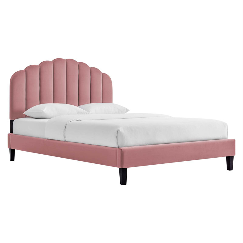 Pink Velvet Queen Platform Bed with Tufted Headboard