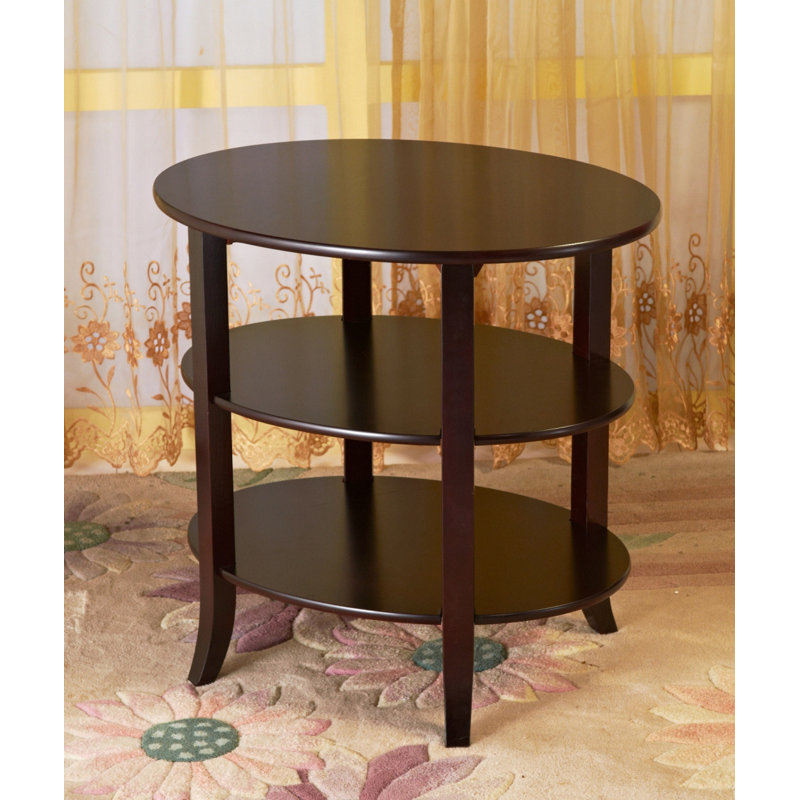 Round Dark Cherry Wood End Table with Three-Tier Storage