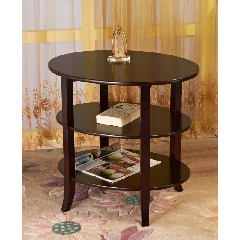 Round Dark Cherry Wood End Table with Three-Tier Storage