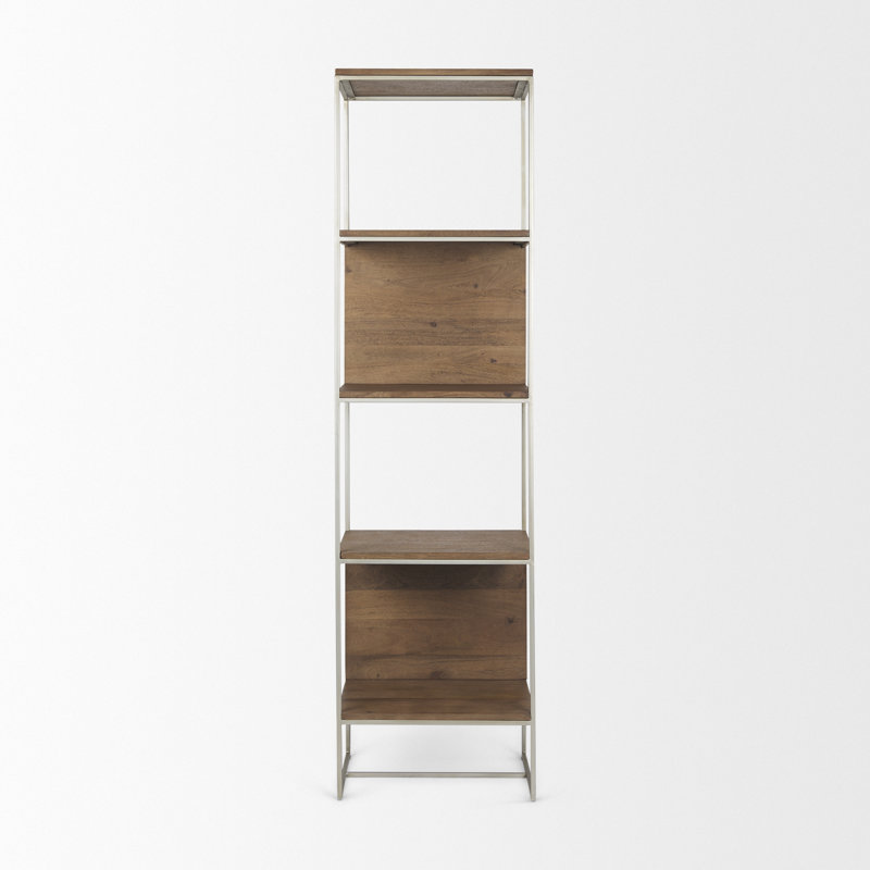 Sagan Narrow Brown Wood and Silver Metal Etagere Bookcase