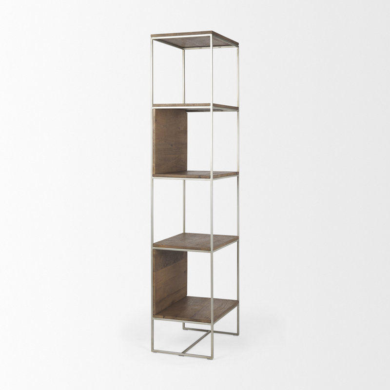 Sagan Narrow Brown Wood and Silver Metal Etagere Bookcase