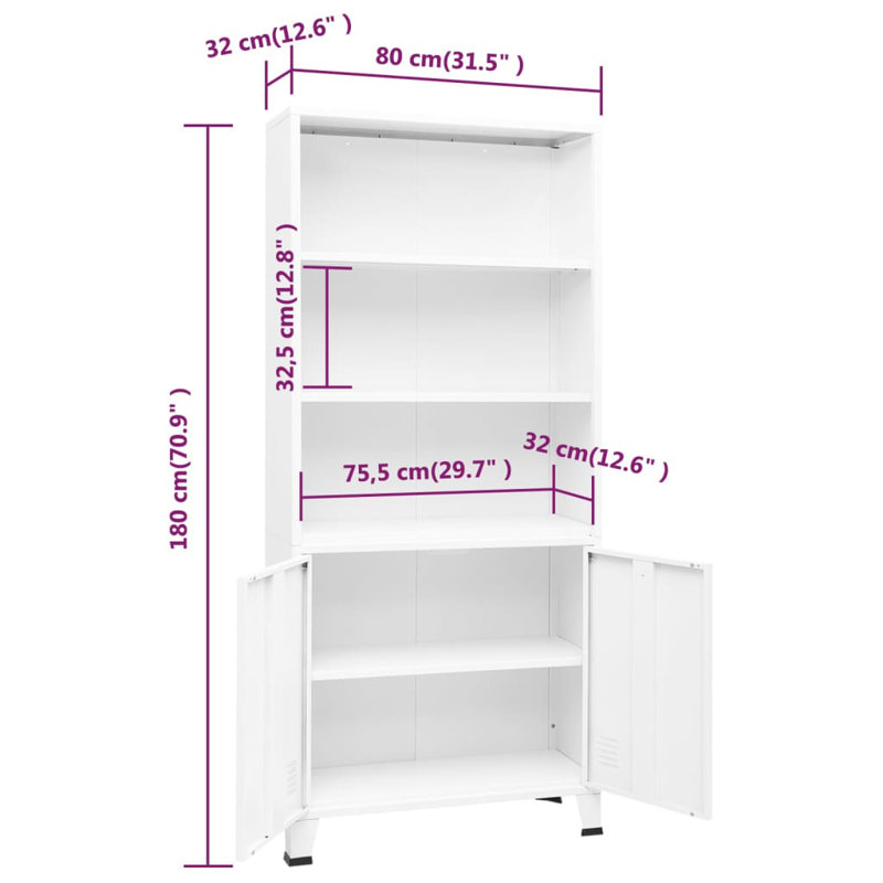 White Steel 3-Shelf Bookcase with Cabinet