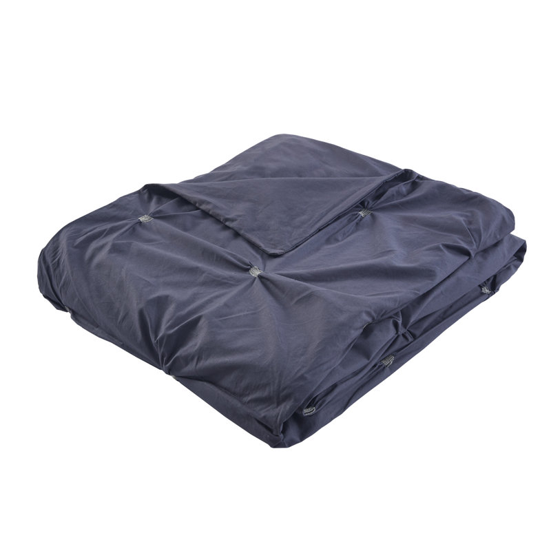Navy Cotton Pintuck Full/Queen Duvet Cover Set with Shams