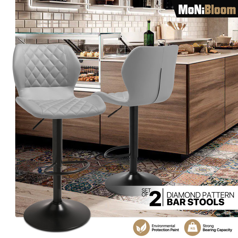Gray Adjustable Swivel Faux Leather Bar Stools with Iron Base