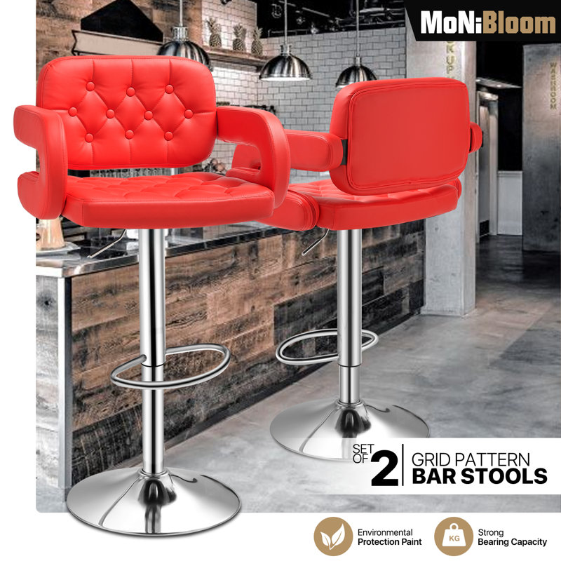 Red Faux Leather Adjustable Swivel Bar Stools with Arms