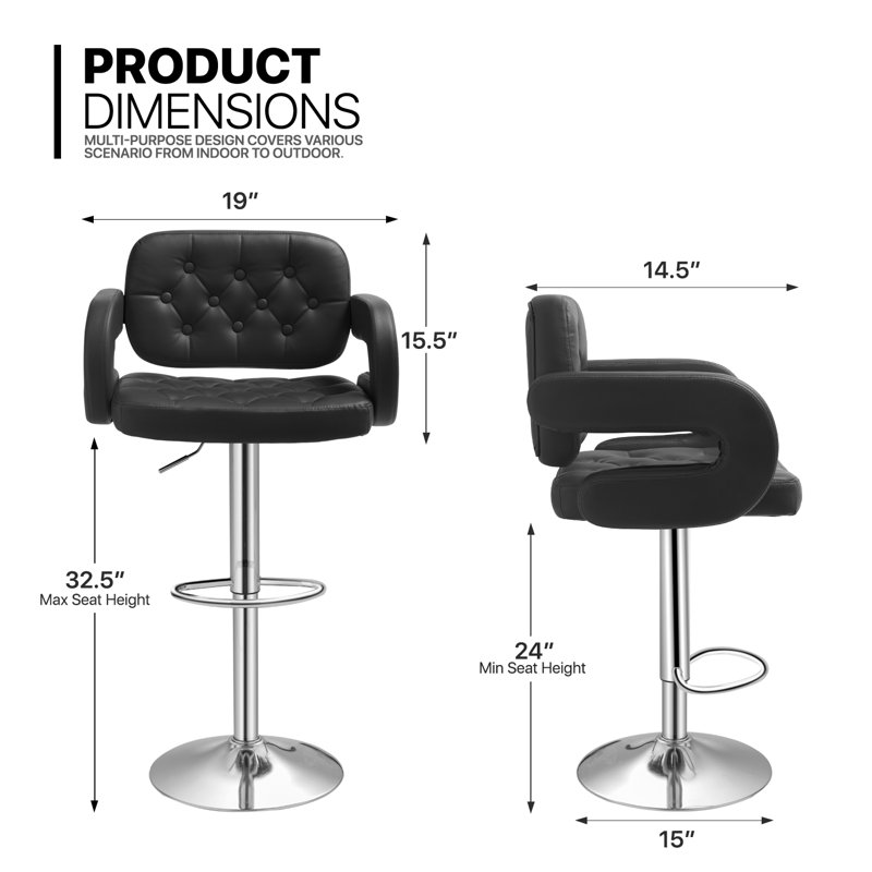 Black Faux Leather Adjustable Swivel Bar Stools with Pedestal Base, Set of 2