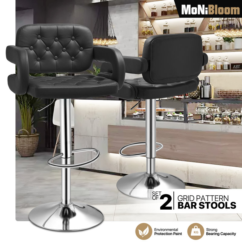 Black Faux Leather Adjustable Swivel Bar Stools with Pedestal Base, Set of 2