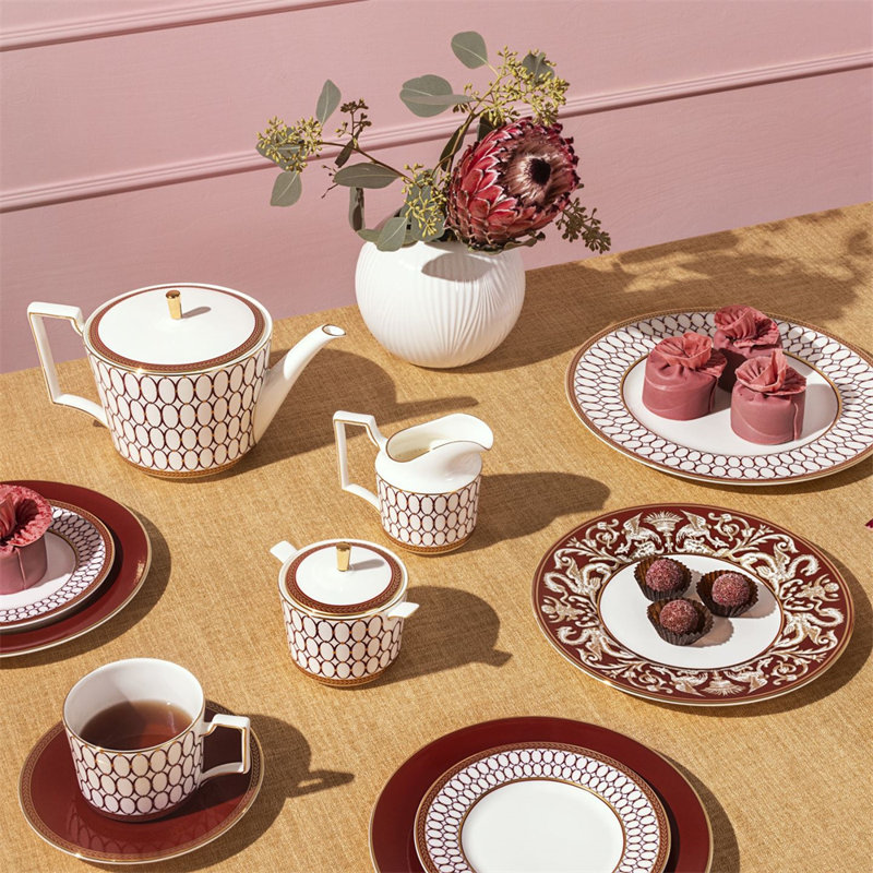 Geometric Maroon and Gold Porcelain Teapot