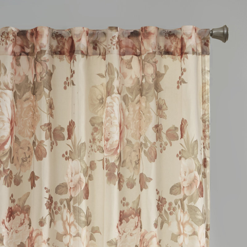 Blush Floral Sheer Curtain Panel with Rod Pocket