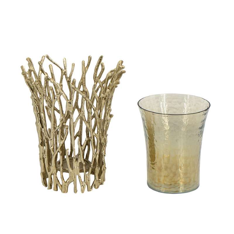 Gold Branch Design Glass Hurricane Candle Holder