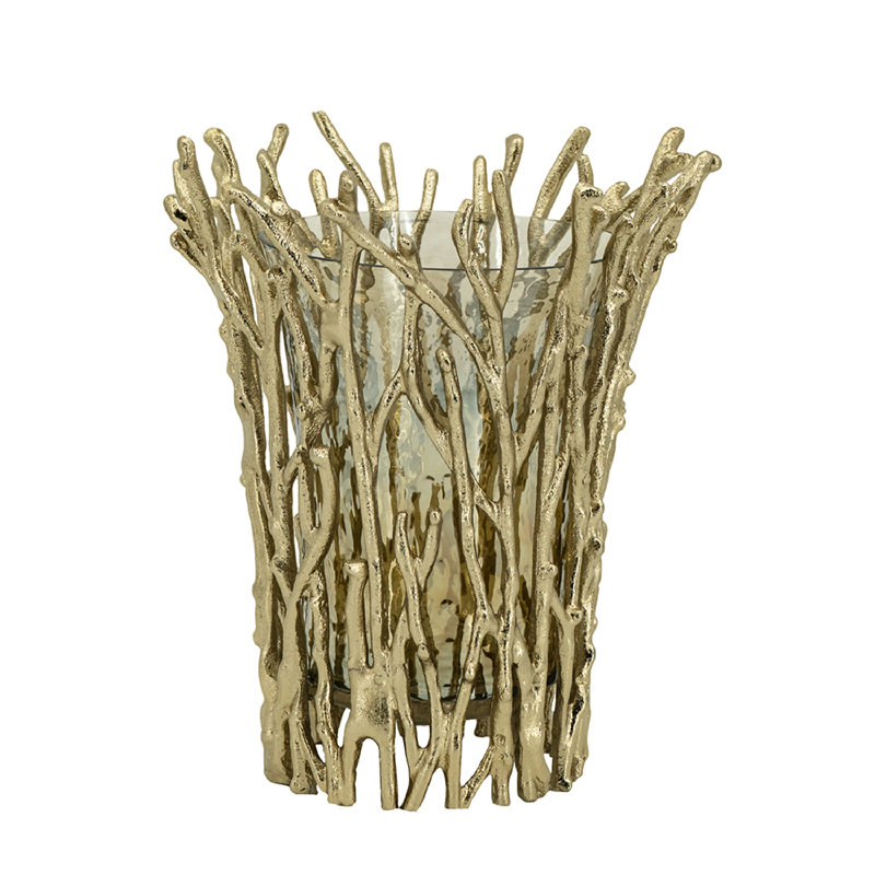 Gold Branch Design Glass Hurricane Candle Holder