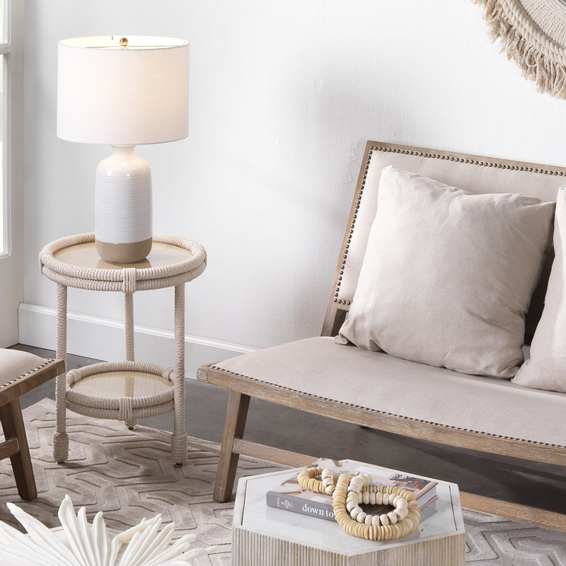 Round Off-White Rope and Glass Side Table