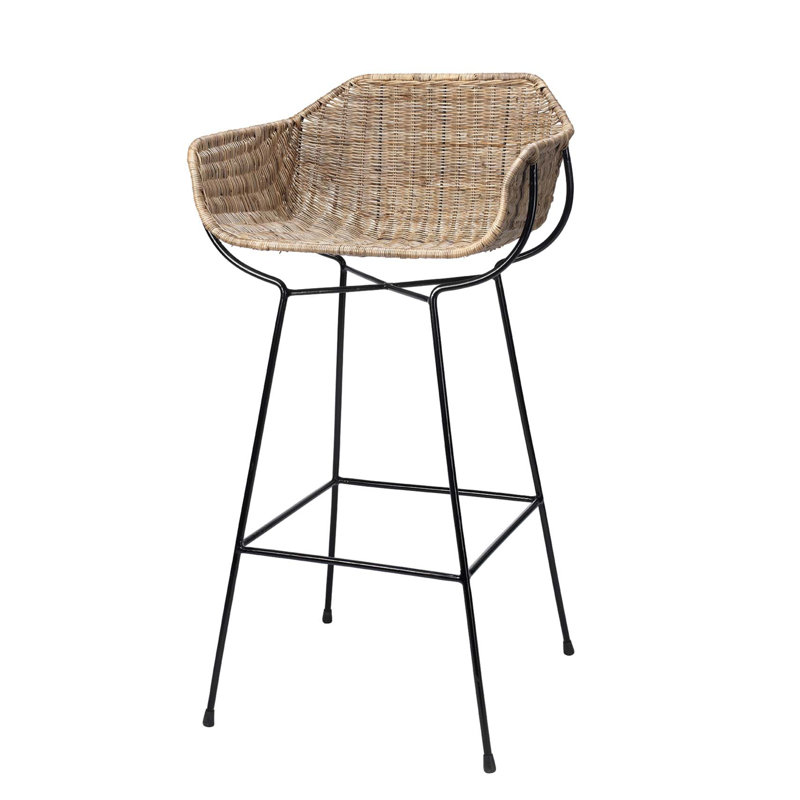 Woven Rattan and Black Metal Bohemian Bar Stool
