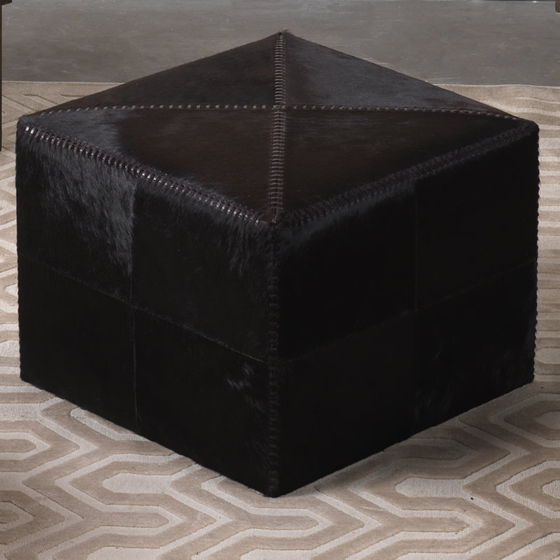 Contemporary Stitched Dark Brown Leather Pouf Ottoman