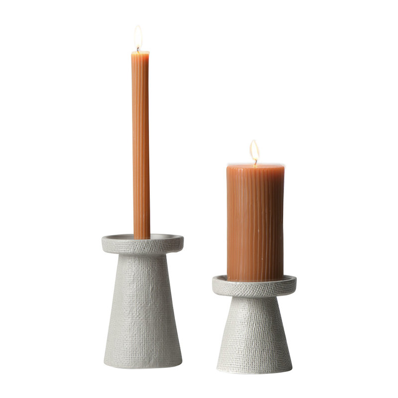 Gray Ceramic Textured Tabletop Candlestick Set