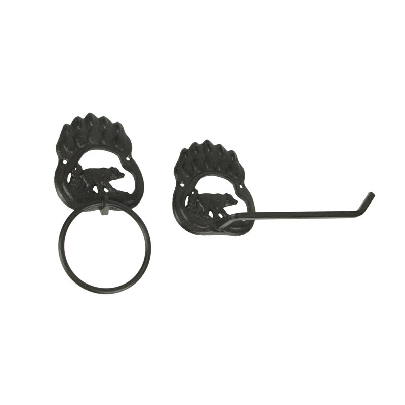 Rustic Black Iron Bear Paw Towel Ring and Holder Set