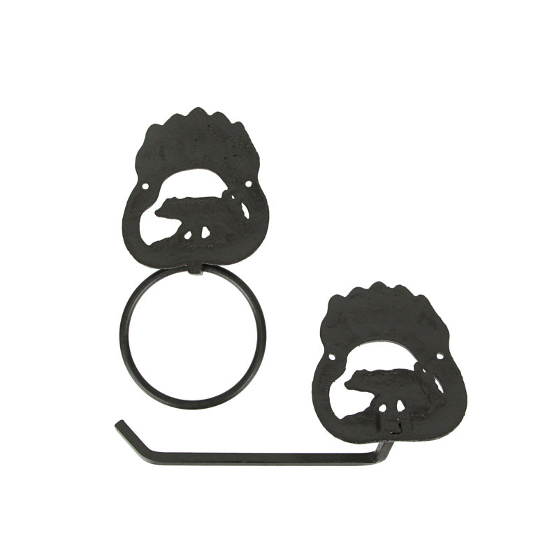 Rustic Black Iron Bear Paw Towel Ring and Holder Set