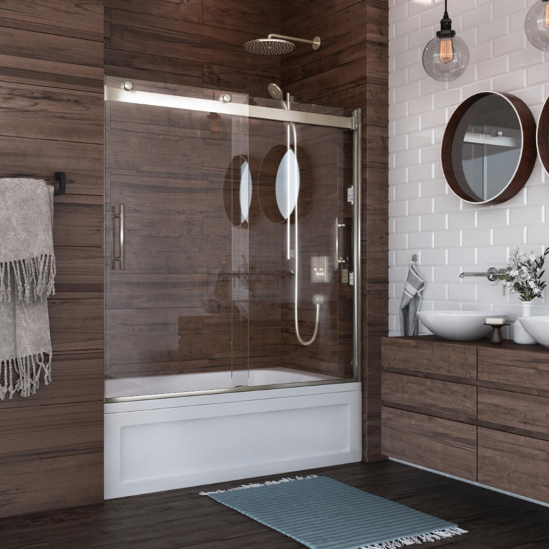 Luna Lite Brushed Nickel Frameless Sliding Shower Door with Clear Glass