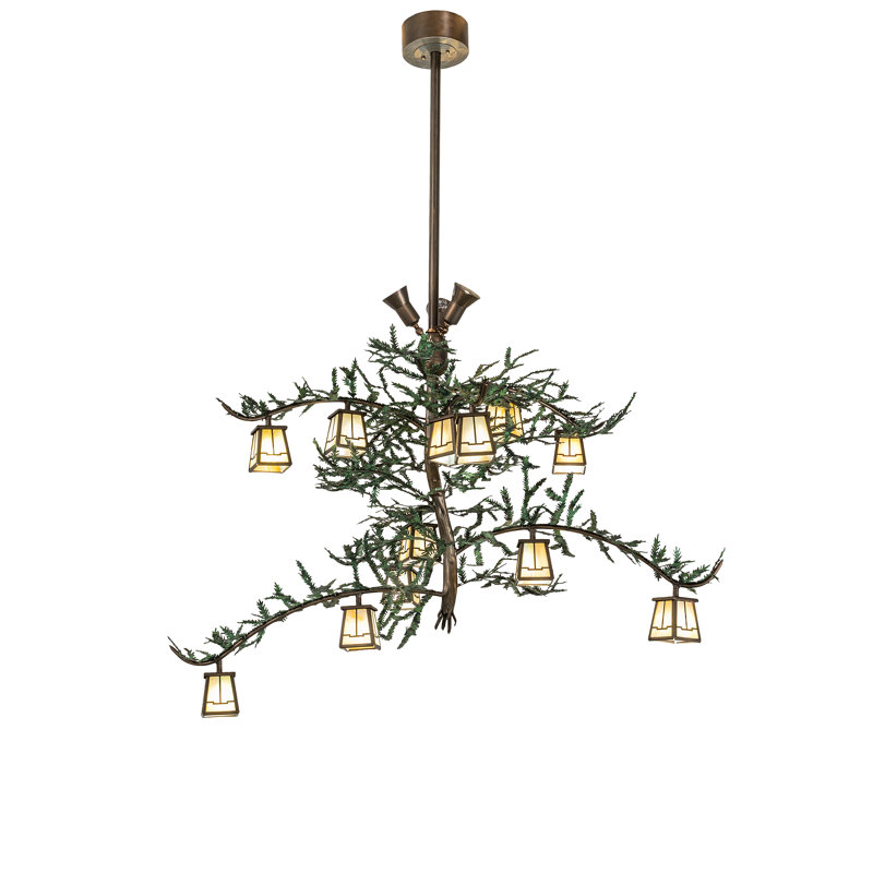 Antique Copper 15-Light Pine Branch Chandelier with Iridescent Glass Shades