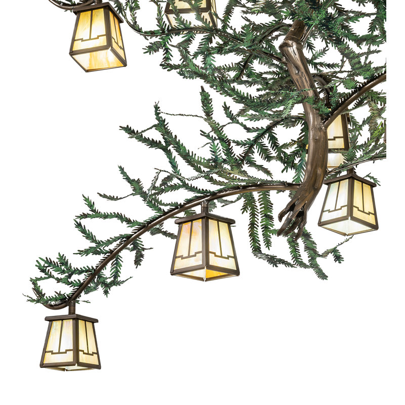 Antique Copper 15-Light Pine Branch Chandelier with Iridescent Glass Shades