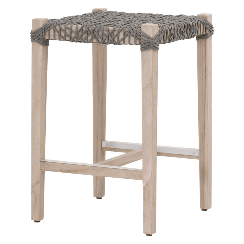 Coastal Dove Gray Teak & Woven Rope Outdoor Counter Stool