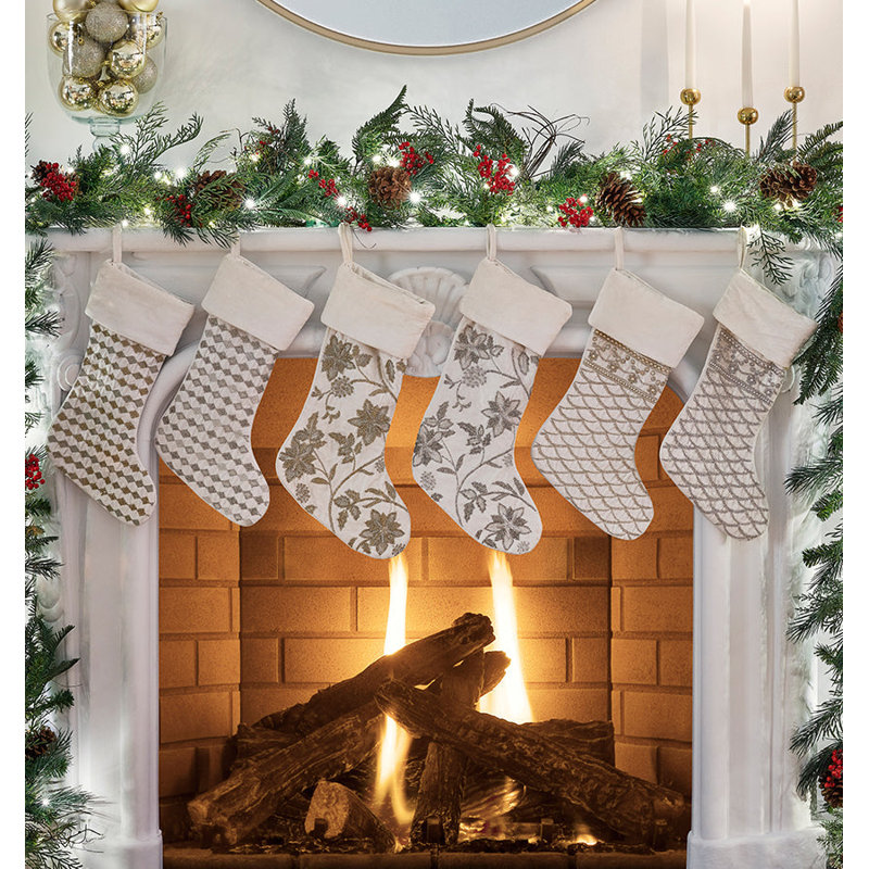 Ivory and Silver Velvet Christmas Stocking with Metallic Embroidery