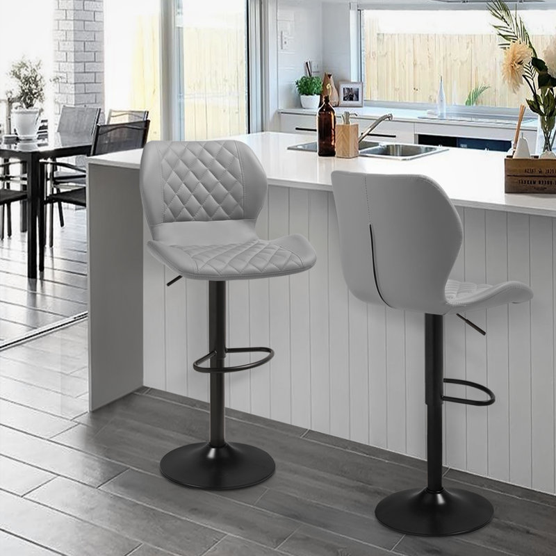 Gray Adjustable Swivel Faux Leather Bar Stools with Iron Base