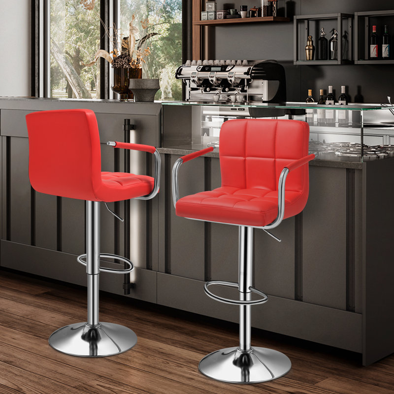Red Adjustable Swivel Metal Counter Stool with Upholstered Seat