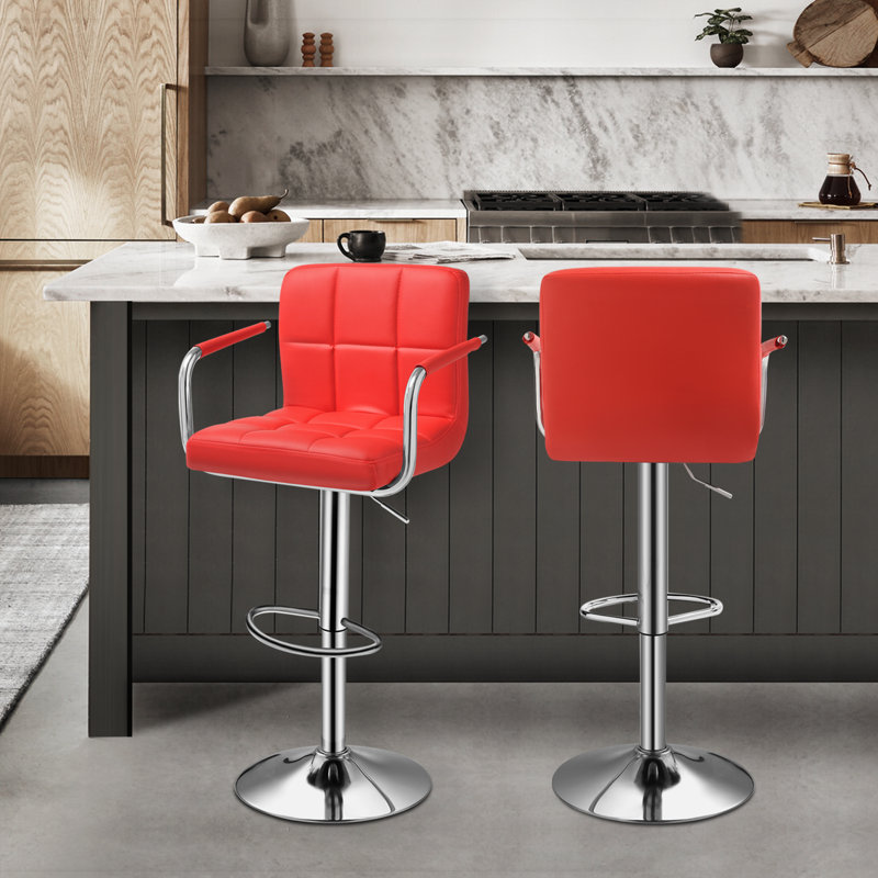 Red Adjustable Swivel Metal Counter Stool with Upholstered Seat